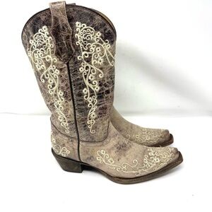 Corral Crater Brown Leather Embroidered Snip Toe Cowgirl Boots Teen Women Sz 5